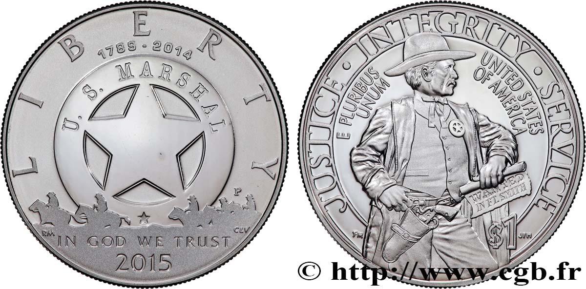 ÉTATS-UNIS D AMÉRIQUE 1 Dollar Proof 225e Anniversaire du service des maréchaux 2015 Philadelphie SPL 