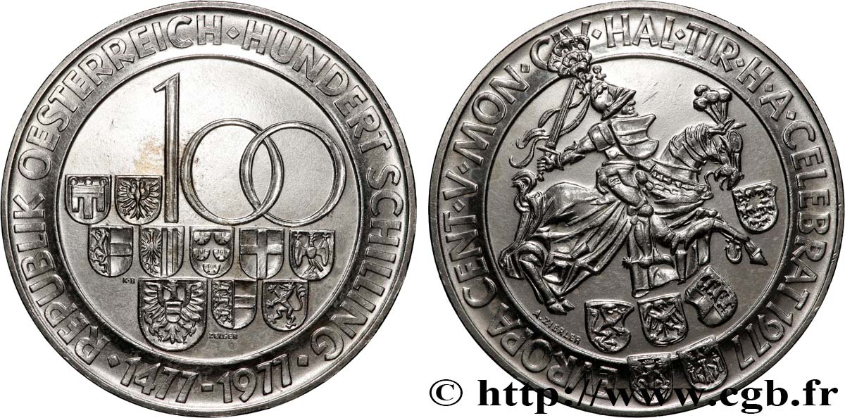 AUSTRIA 100 Schilling 500e anniversaire de l’atelier monétaire de Hall 1977  MS 