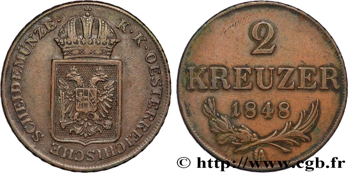 ÖSTERREICH 2 Kreuzer monnayage de la révolution de 1848-1849 1848 Vienne SS 