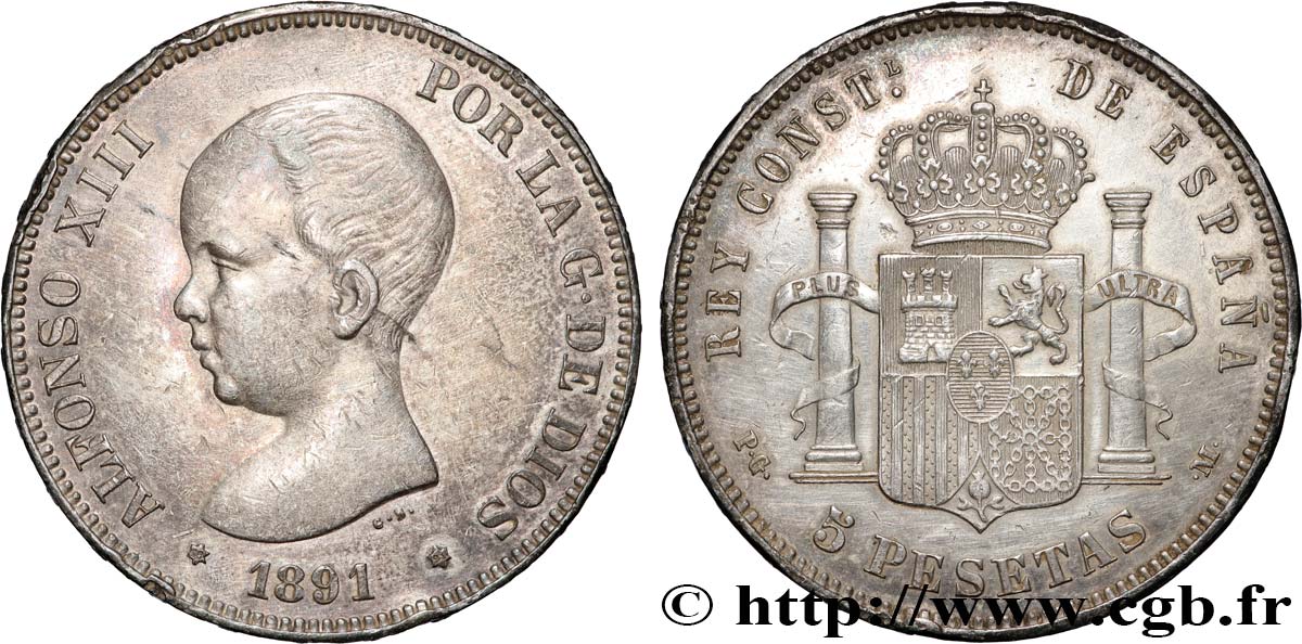 ESPAGNE 5 Pesetas Alphonse XIII 1er type 1891 Madrid TTB+ 