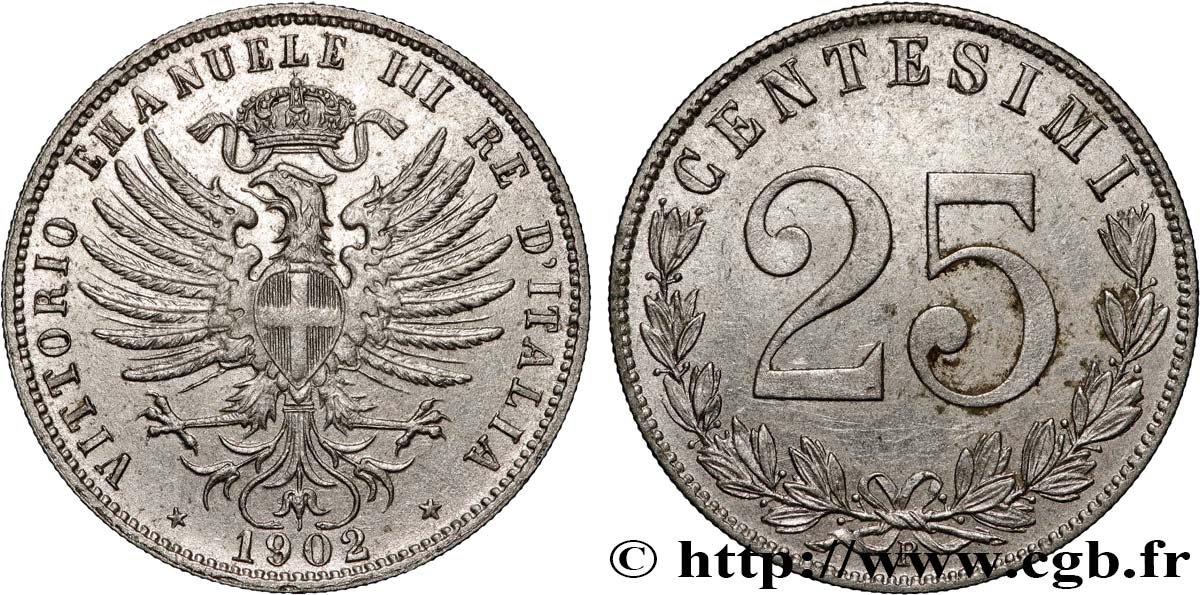 ITALIEN - ITALIEN KÖNIGREICH - VIKTOR EMANUEL III. 25 Centesimi 1902 Rome SS 