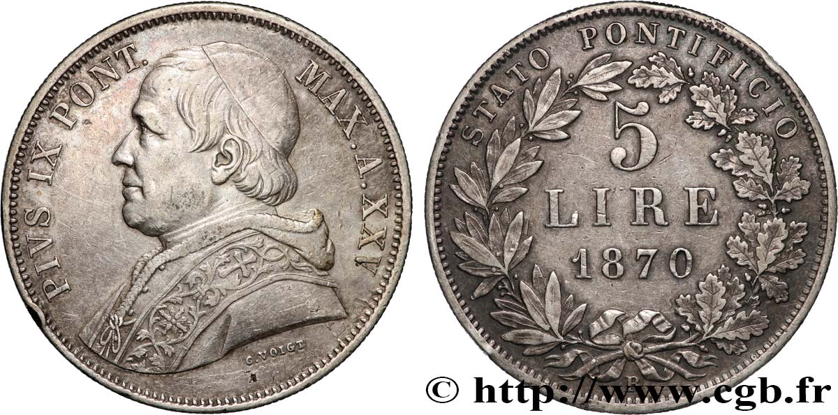 VATICANO Y ESTADOS PONTIFICIOS 5 Lire Pie IX an XXV 1870 Rome MBC 