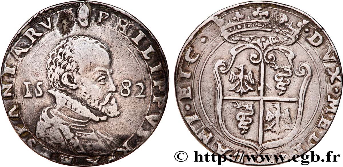 ITALY - DUCHY OF MILAN - PHILIPPE II OF SPAIN Demi-Scudo (Mezzo-Scudo) Philippe II 1582 Milan XF 