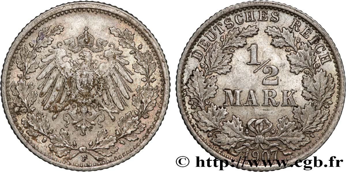GERMANY 1/2 Mark Empire aigle impérial 1907 Stuttgart - F AU 