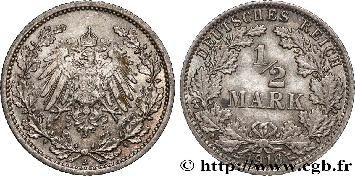 ALEMANIA 1/2 Mark Empire aigle impérial 1916 Berlin EBC 