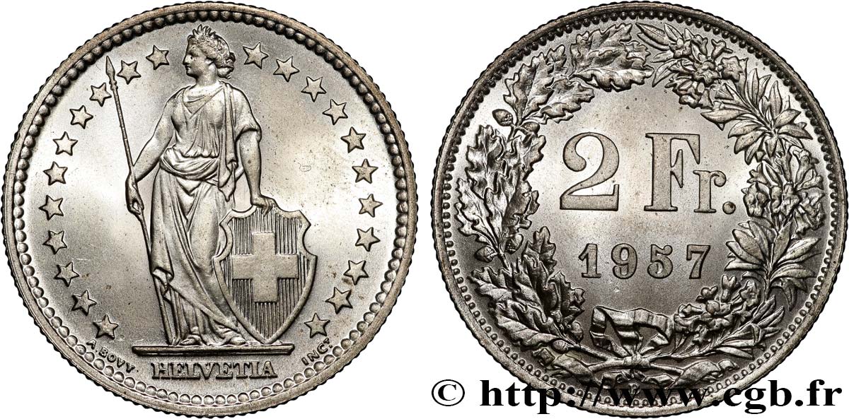 SWITZERLAND 2 Francs Helvetia 1957 Berne AU 