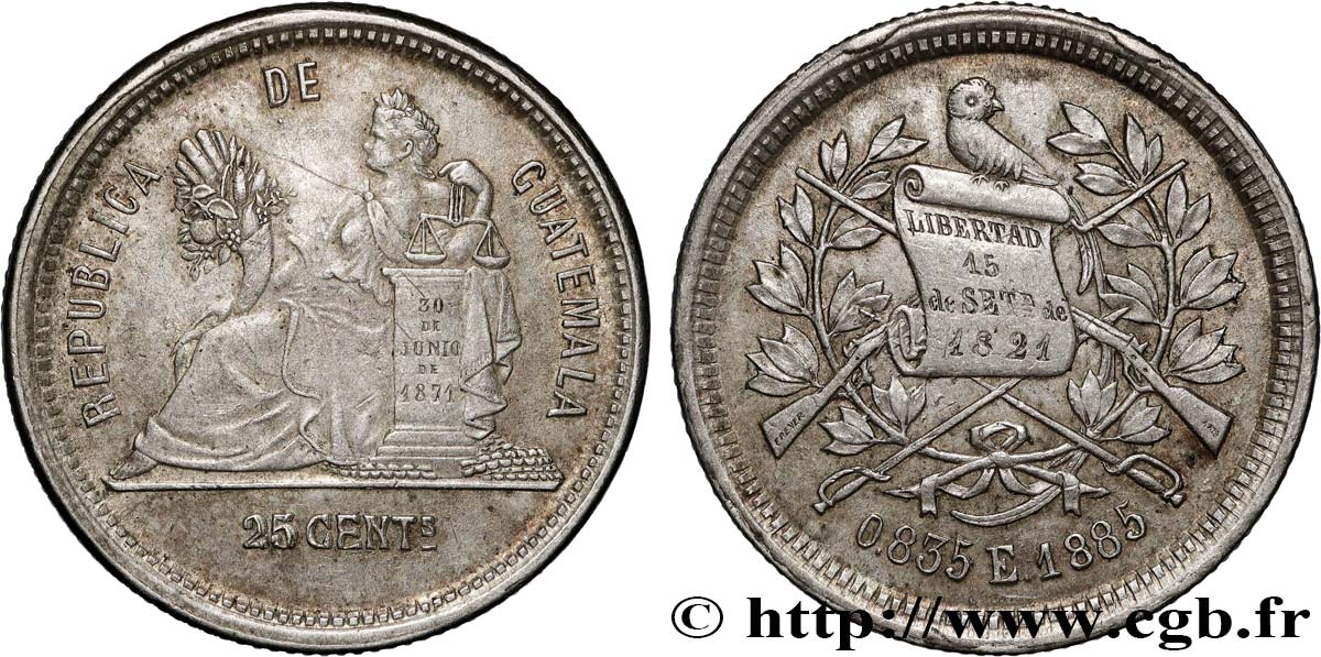 GUATEMALA 25 Centavos  1885  AU 