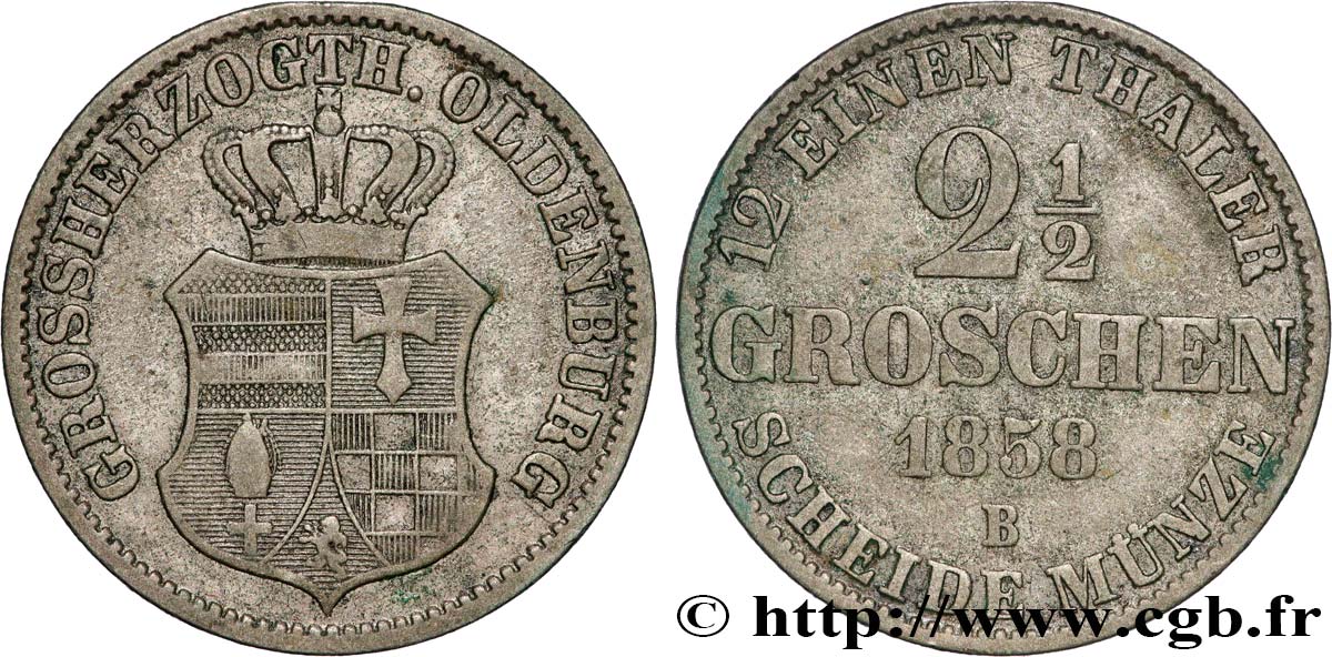 ALEMANIA - OLDENBURGO 2 1/2 Silbergroschen écu couronné 1858 Hanovre MBC 