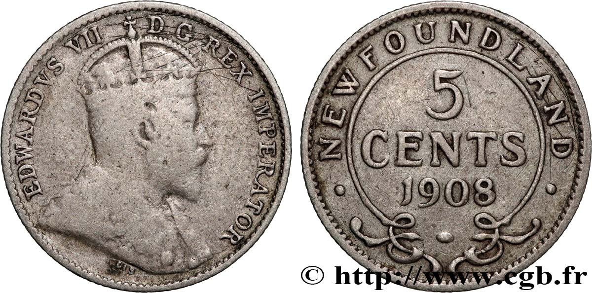 NEWFOUNDLAND 5 Cents Édouard VII 1908 Londres VF 