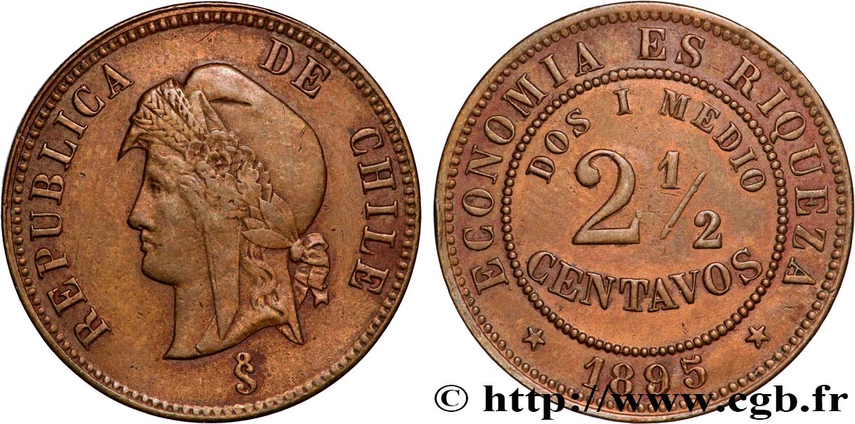 CHILI 2 1/2 Centavos 1895 Santiago - S° TTB+ 