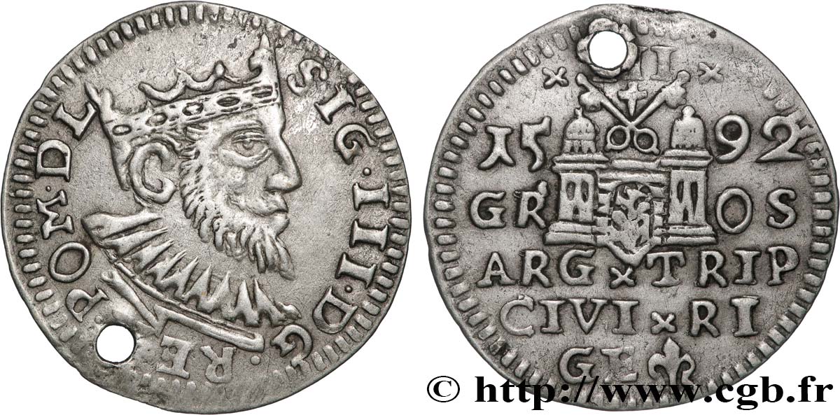 POLOGNE - ROYAUME DE POLOGNE - SIGISMOND III VASA 3 Groschen  1592 Riga TTB 