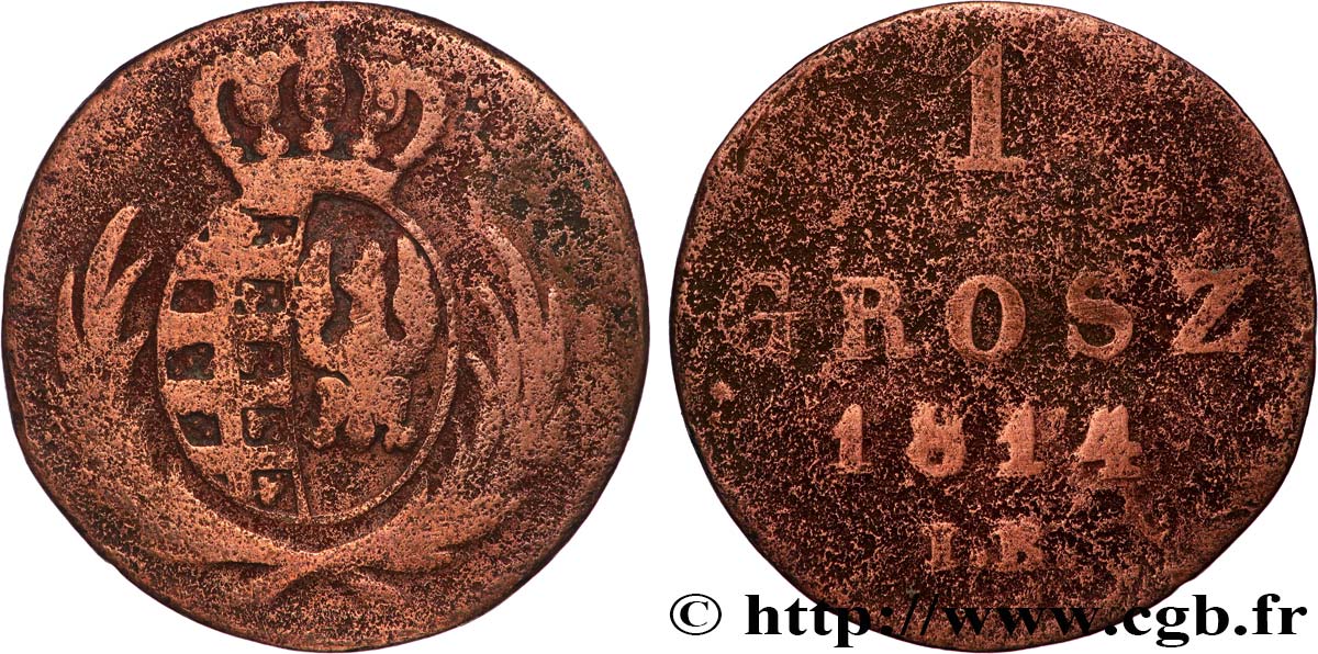 POLAND 1 Grosz Grand Duché de Varsovie, armes de Saxe et de Pologne IS 1814 Varsovie VF 