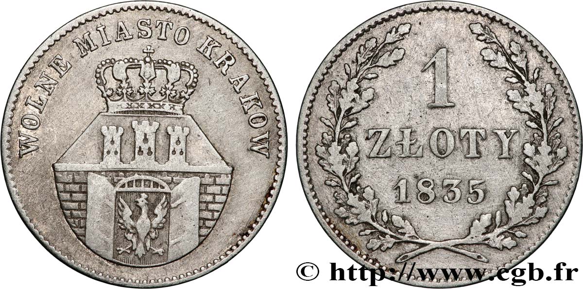 POLONIA - CRACOVIA 1 Zloty Ville libre de Cracovie 1835  BB 