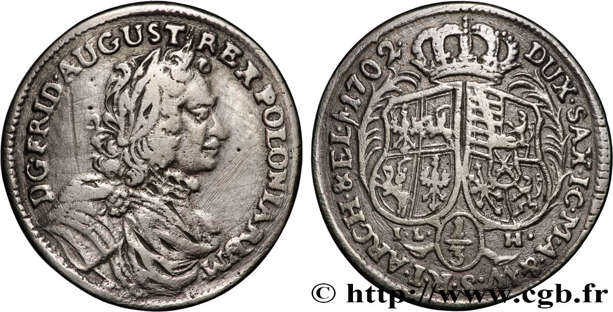 POLAND - KINGDOM OF POLAND - FREDERICK-AUGUSTUS OF SAXONY OR AUGUSTUS II 1/3 thaler 1702 Dresde VF 