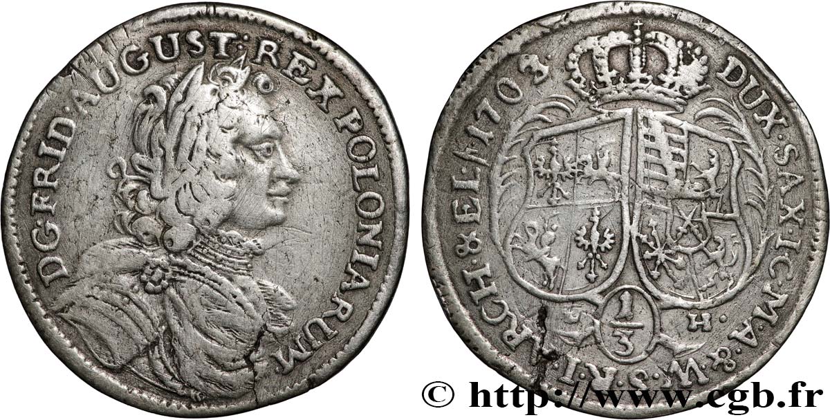 POLAND - KINGDOM OF POLAND - FREDERICK-AUGUSTUS OF SAXONY OR AUGUSTUS II 1/3 thaler 1703 Dresde VF 