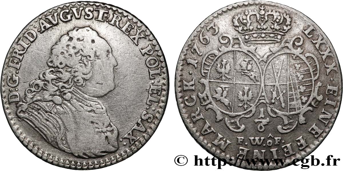 POLAND 1/6 Thaler Frédéric-August II (FWoF) 1763 Dresde VF 