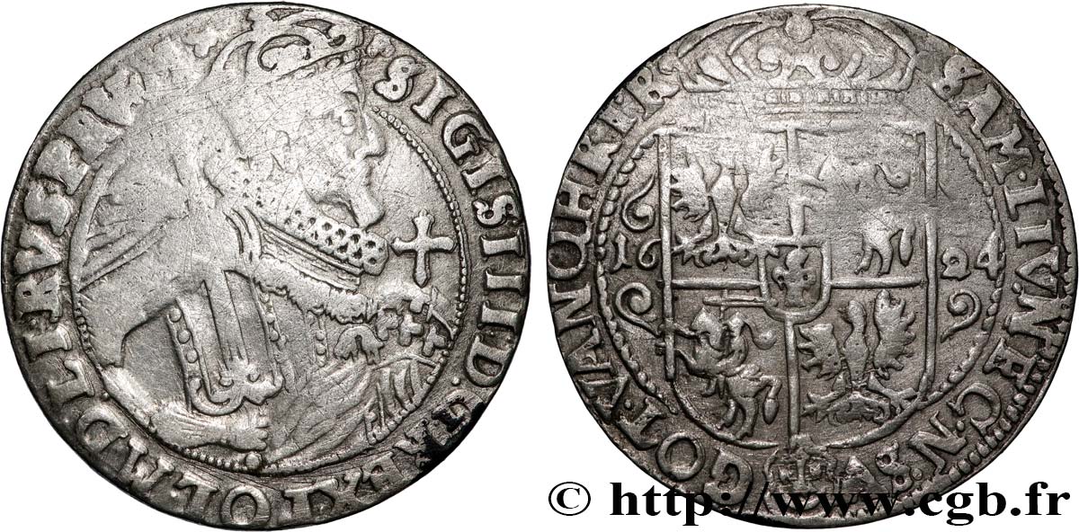 POLONIA - SIGISMUNDO III VASA Quart de thaler ou ort koronny 1624 Cracovie BC+ 