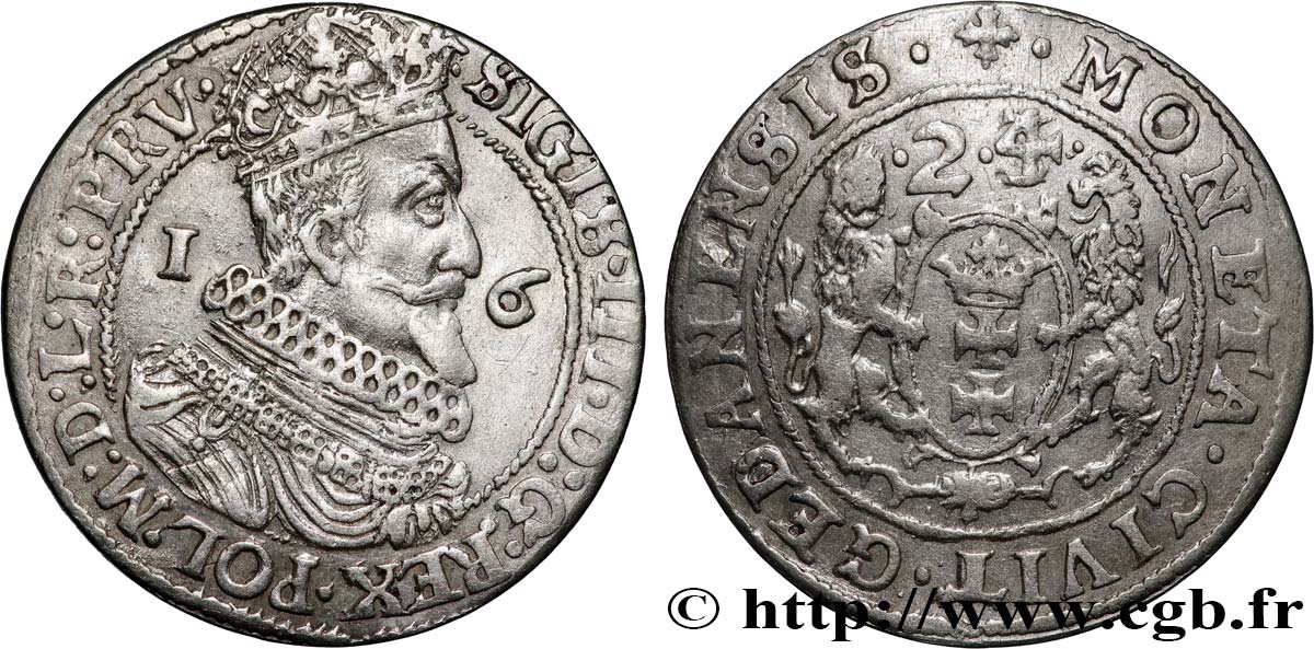 POLOGNE 1/4 de Thaler Sigismond III Vasa 1624/3 Dantzig TTB 