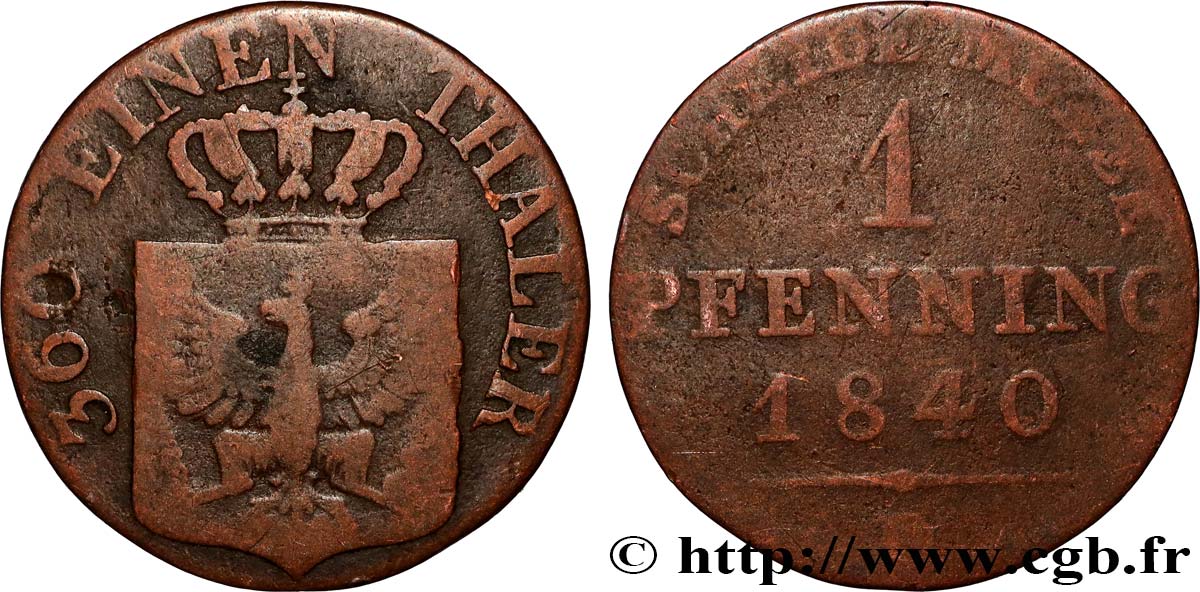 GERMANY - PRUSSIA 1 Pfenning Royaume de Prusse 1840 Düsseldorf F 