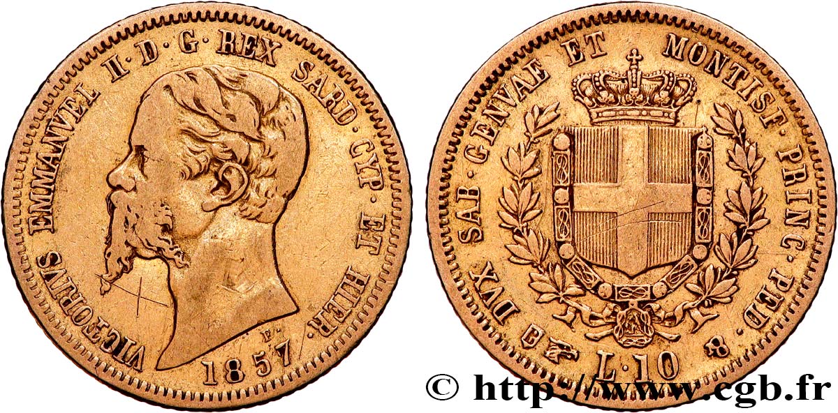 ITALIA - REINO DE ITALIA - VÍCTOR-MANUEL II 10 lires or 1857 Turin BC+ 