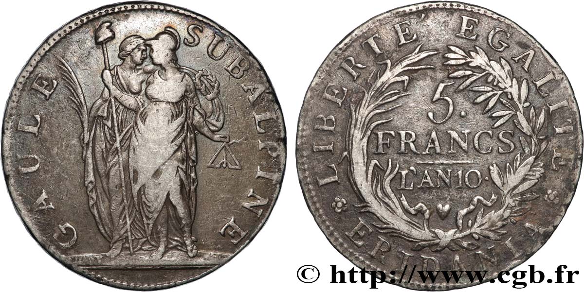 ITALIE - GAULE SUBALPINE 5 Francs an 10 1802 Turin TTB 