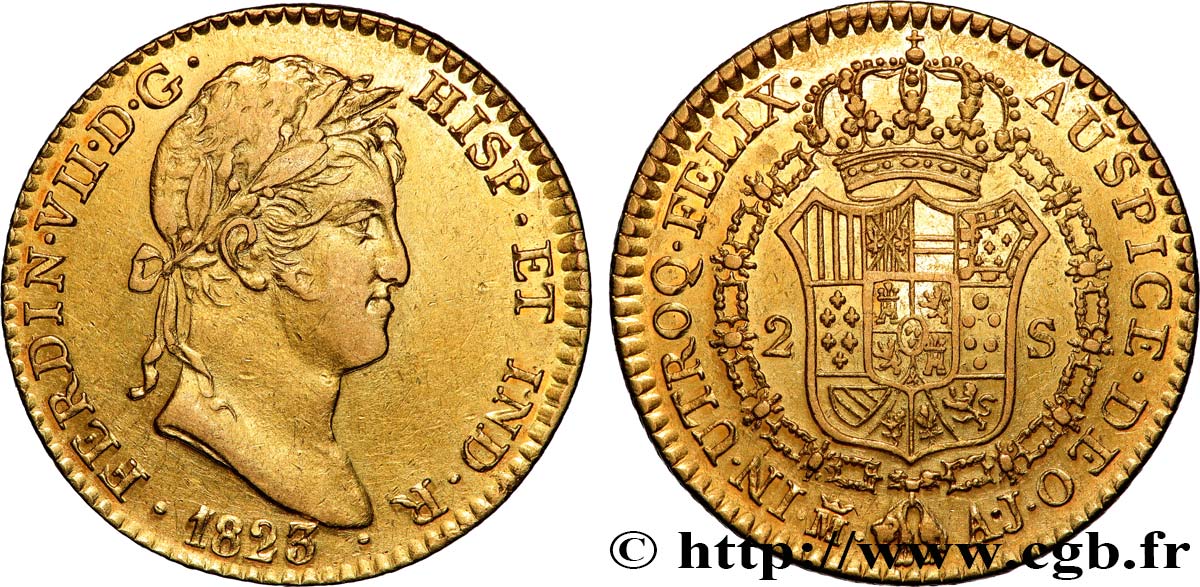 SPAIN - KINGDOM OF SPAIN - FERDINAND VII 2 Escudos  1823 Madrid AU 