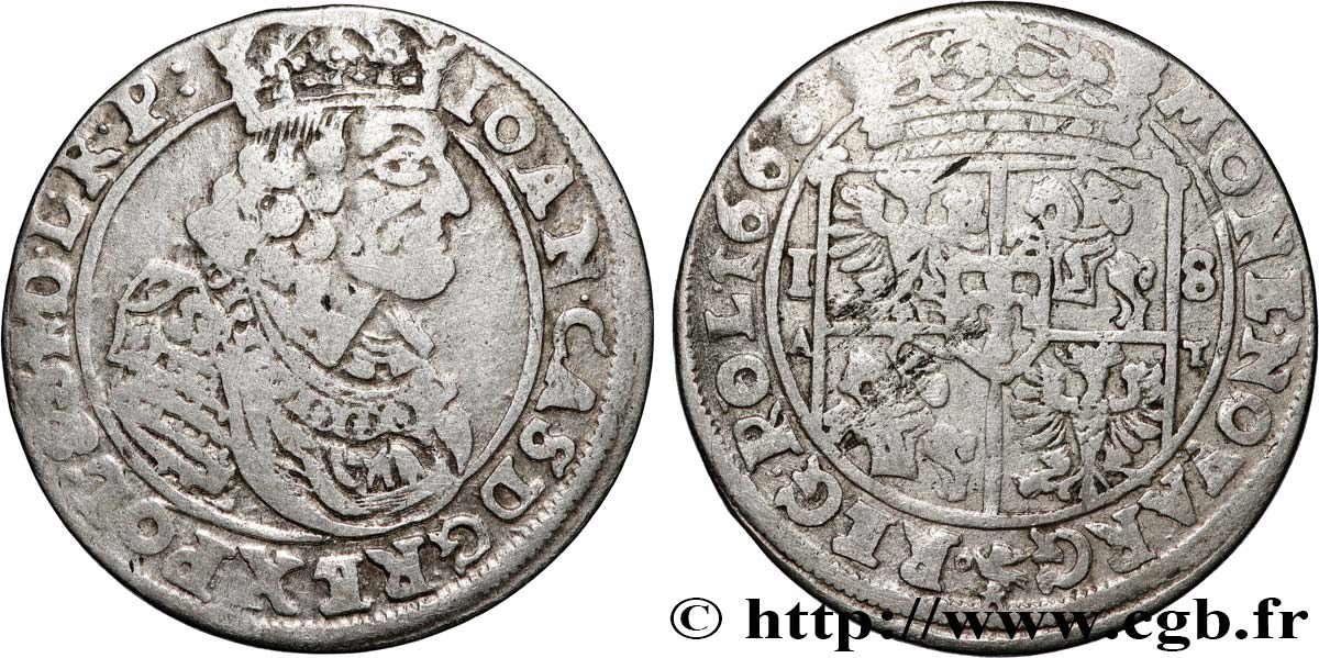 LITHUANIA AND POLAND - JOHN CASIMIR II 18 Groszy (Groschen) Jean II Casimir Vasa 1663 Cracovie VF 