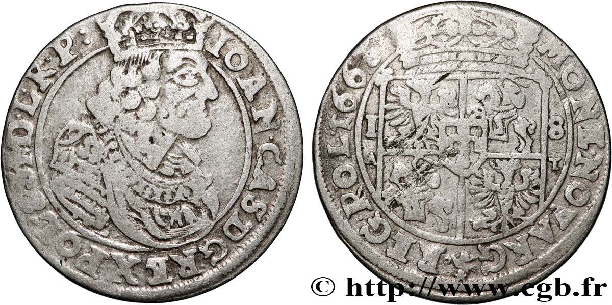 LITUANIE - JEAN CASIMIR II 18 Groszy (Groschen) Jean II Casimir Vasa 1663 Cracovie VF 