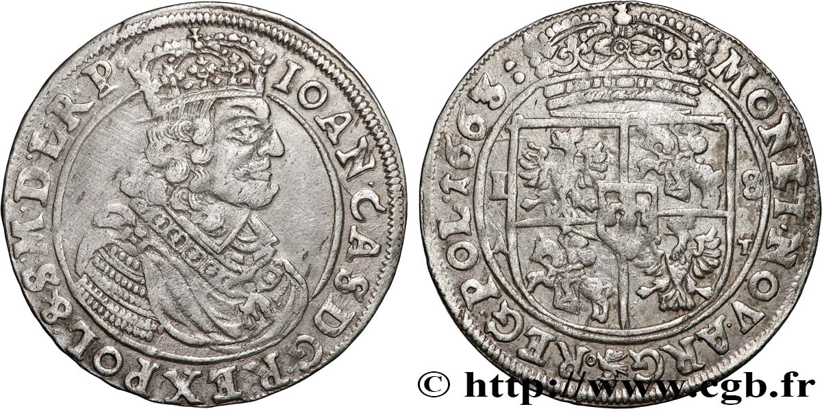 LITHUANIA AND POLAND - JOHN CASIMIR II 18 Groszy (Groschen) Jean II Casimir Vasa 1663 Cracovie AU 