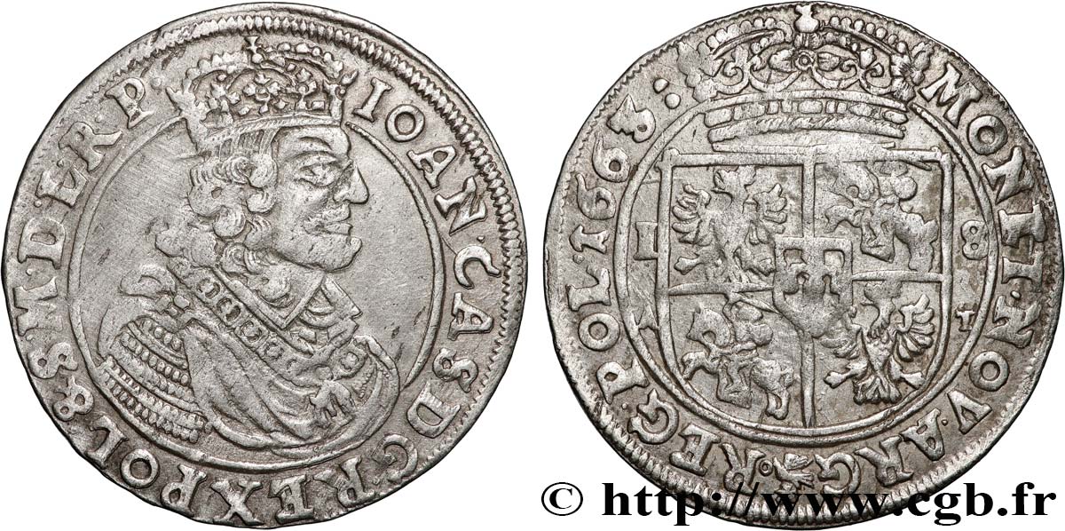 LITUANIE ET POLOGNE - JEAN CASIMIR II 18 Groszy (Groschen) Jean II Casimir Vasa 1663 Cracovie TTB+ 