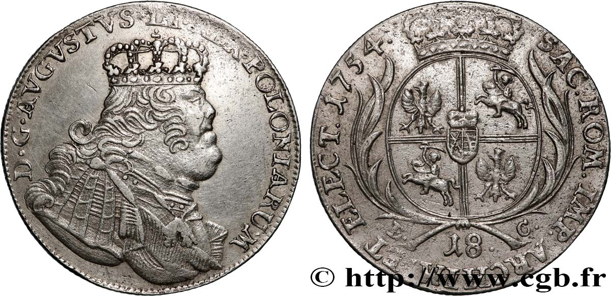 POLOGNE 18 Groschen Auguste III 1754 Leipzig TTB/TTB+ 