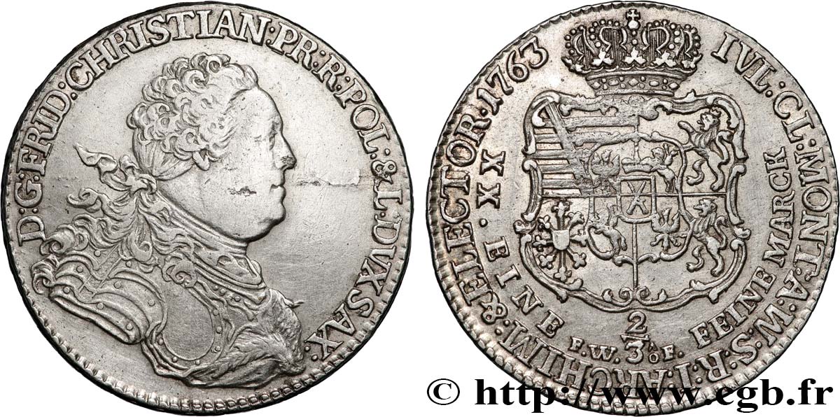 POLAND 2/3 Thaler Frédéric Christian 1763 Dresde AU 