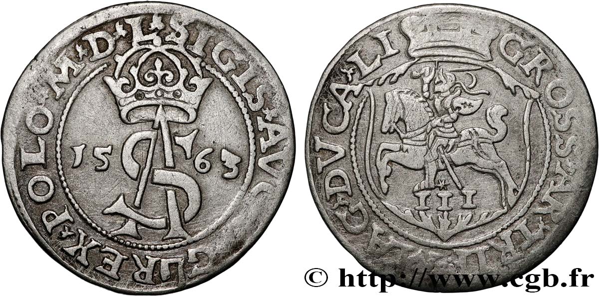 LIVONIA - GRAND DUCHY OF LITHUANIA - SIGISMUND II VASA 3 Groat 1563  XF 