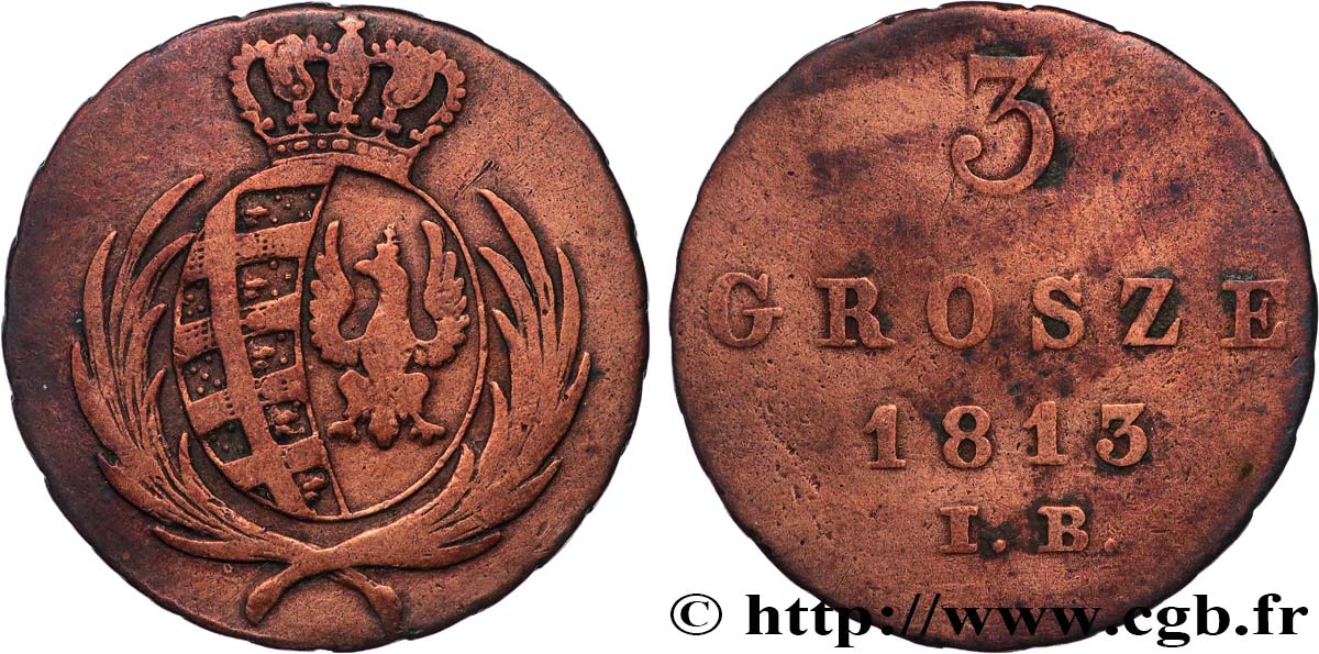 POLAND 3 Grosze Grand Duché de Varsovie, armes de Saxe et de Pologne 1813 Varsovie VF 