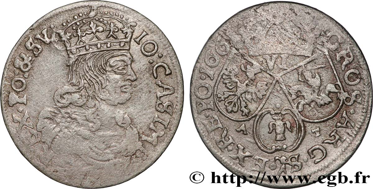 LITHUANIA AND POLAND - JOHN CASIMIR II 6 Groszy (Groschen) Jean II Casimir Vasa 1662 Cracovie XF 