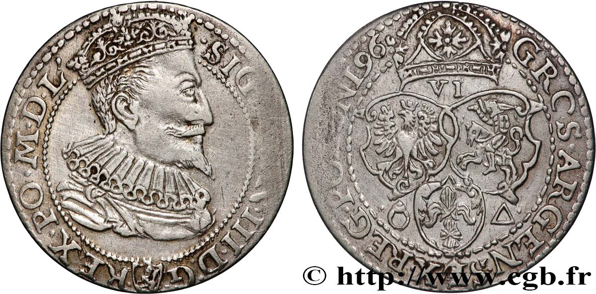POLOGNE - ROYAUME DE POLOGNE - SIGISMOND III VASA Six groschen ou szostak koronny 1596 Marienburg TTB 