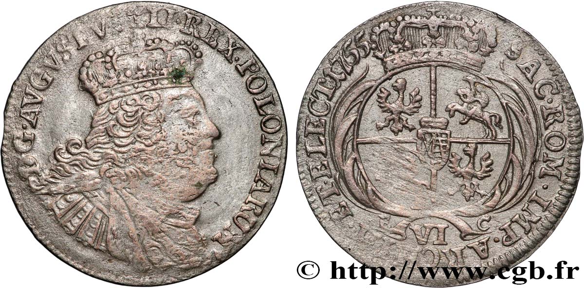 POLONIA 6 Groszy Auguste III 1755 Leipzig BC+ 