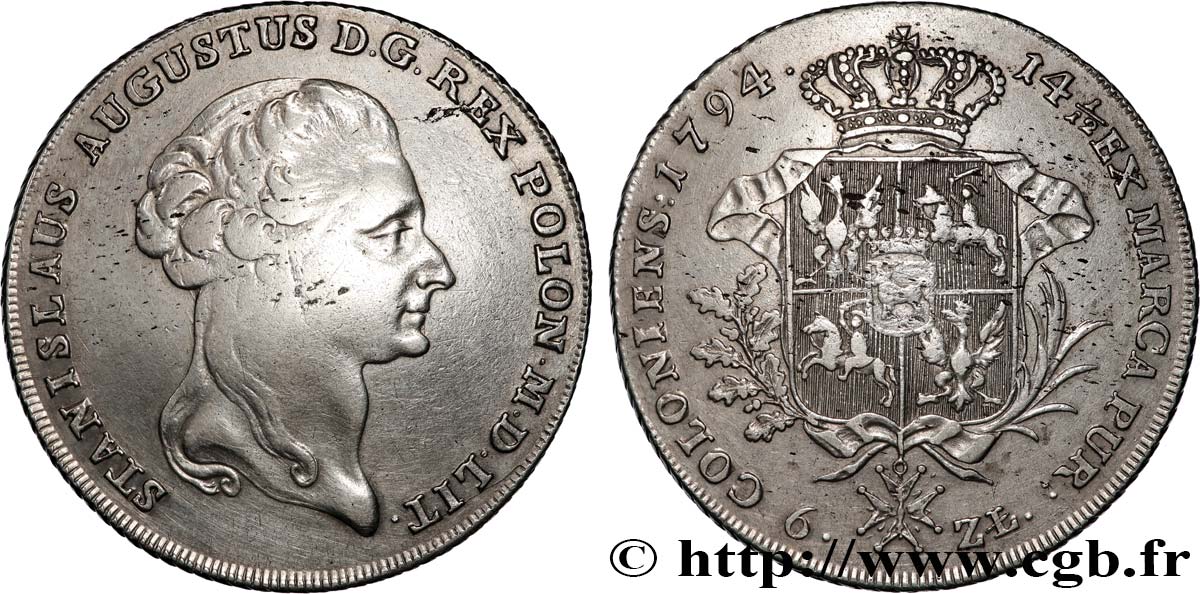 POLAND 6 Zlotych Royaume de Pologne et du Grand-Duché de Lituanie : Roi Stanislas II Auguste  1794 Varsovie XF 