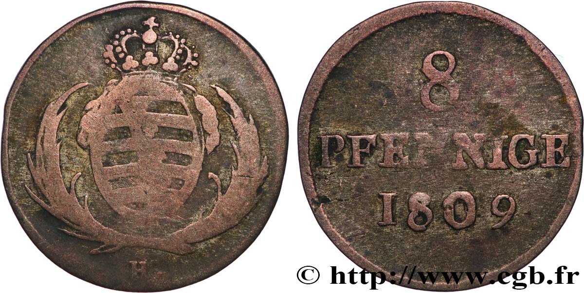 GERMANIA - SASSONIA 8 Pfennige Royaume de Saxe armes couronnées 1809 Dresde MB 