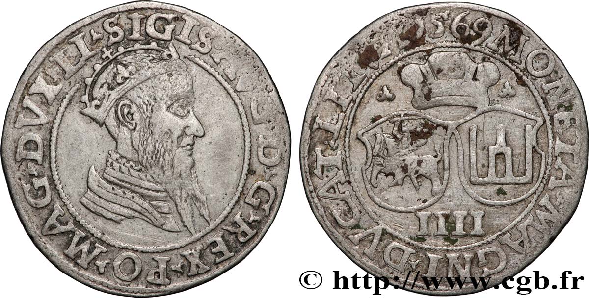 POLOGNE - ROYAUME DE POLOGNE - SIGISMOND II VASA Quatre groschen 1569 Marienburg TB+ 