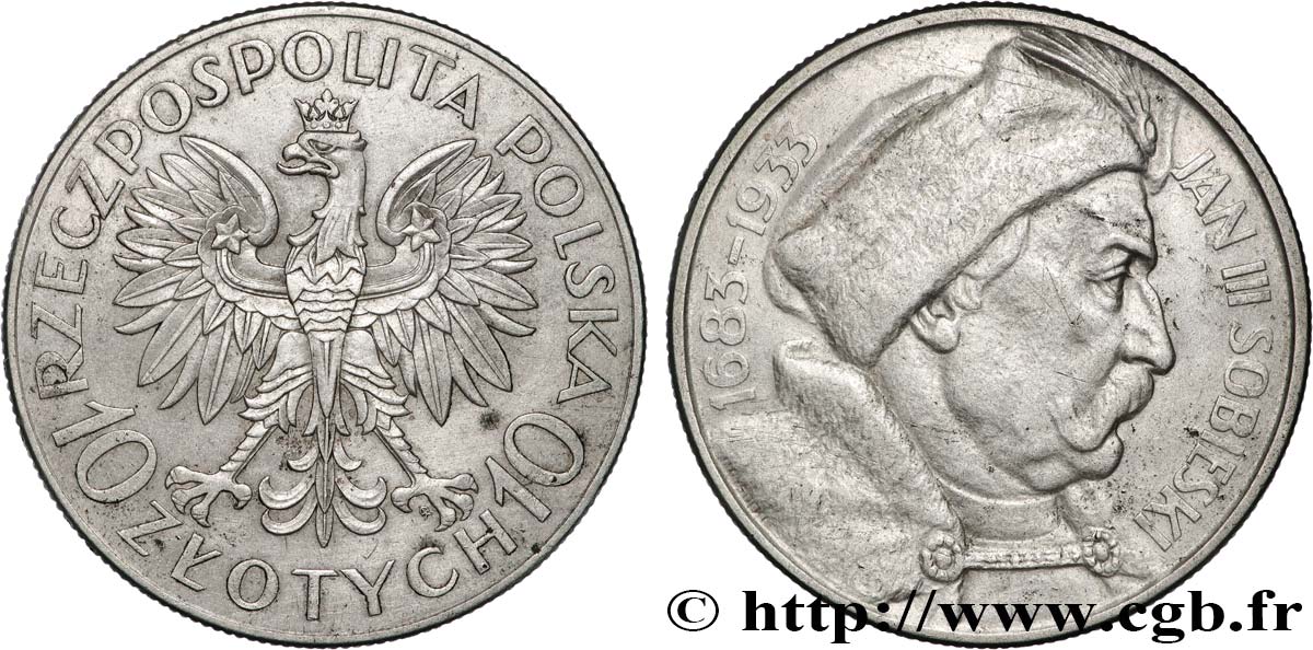 POLONIA 10 Zlotych 250e anniversaire de la libération de Vienne par Jean III Sobieski 1933 Varsovie BB 