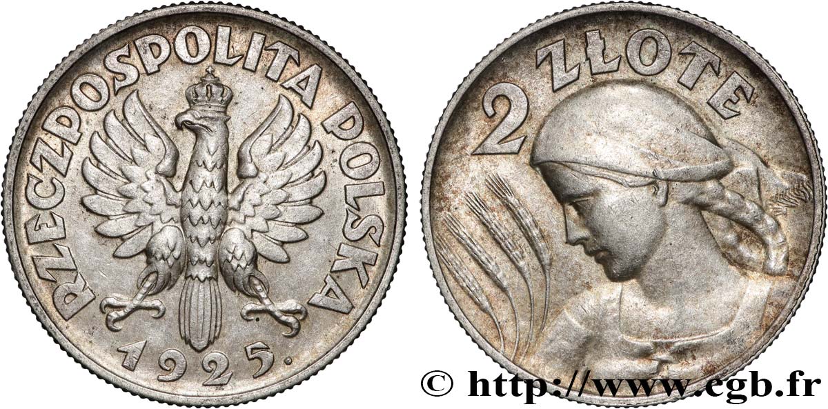 POLOGNE 2 Zlote aigle / paysanne 1925 Philadelphie TTB+ 