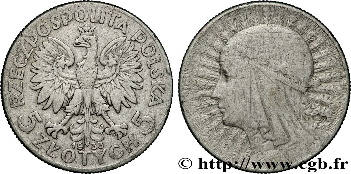 POLEN 5 Zlotych reine Jadwiga 1933 Varsovie fSS 