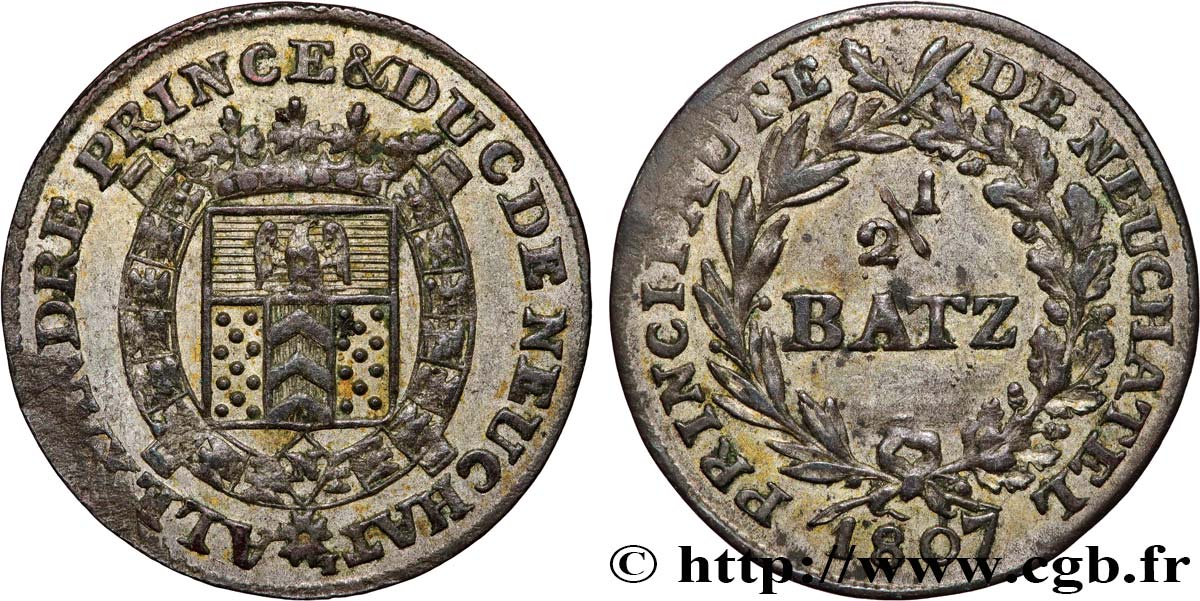 SUIZA - PRINCIPADO DE NEUCHÂTEL - ALEXANDRE BERTHIER 1/2 Batz, valeur inversée 1807 Neuchâtel BC+ 
