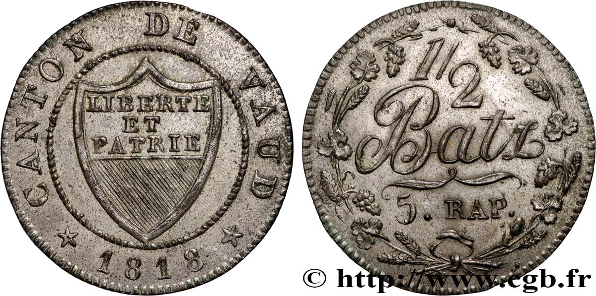 SUIZA - CANTÓN DE VAUD 1/2 Batzen - 5 Rappen 1818  MBC 