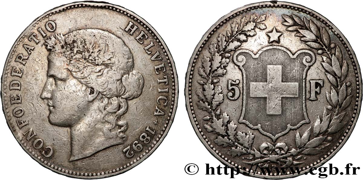 SWITZERLAND 5 Francs Helvetia 1892 Berne VF 