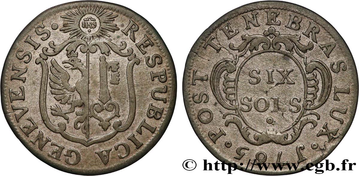 SWITZERLAND - REPUBLIC OF GENEVA 6 Sols 1765  XF 