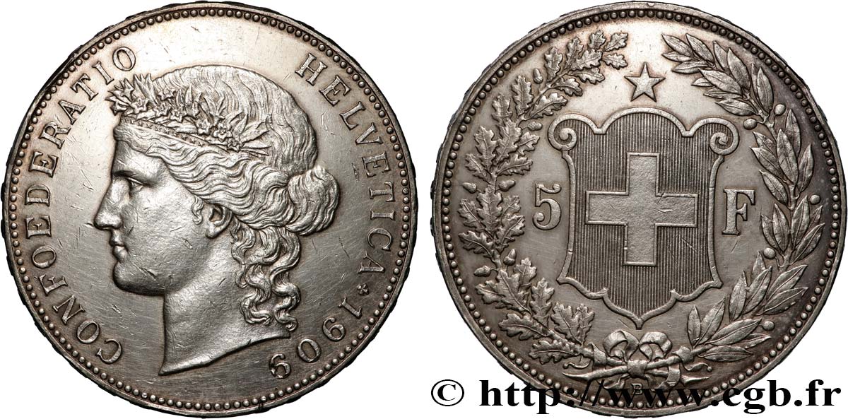 SWITZERLAND 5 Francs Helvetia 1909 Berne XF 