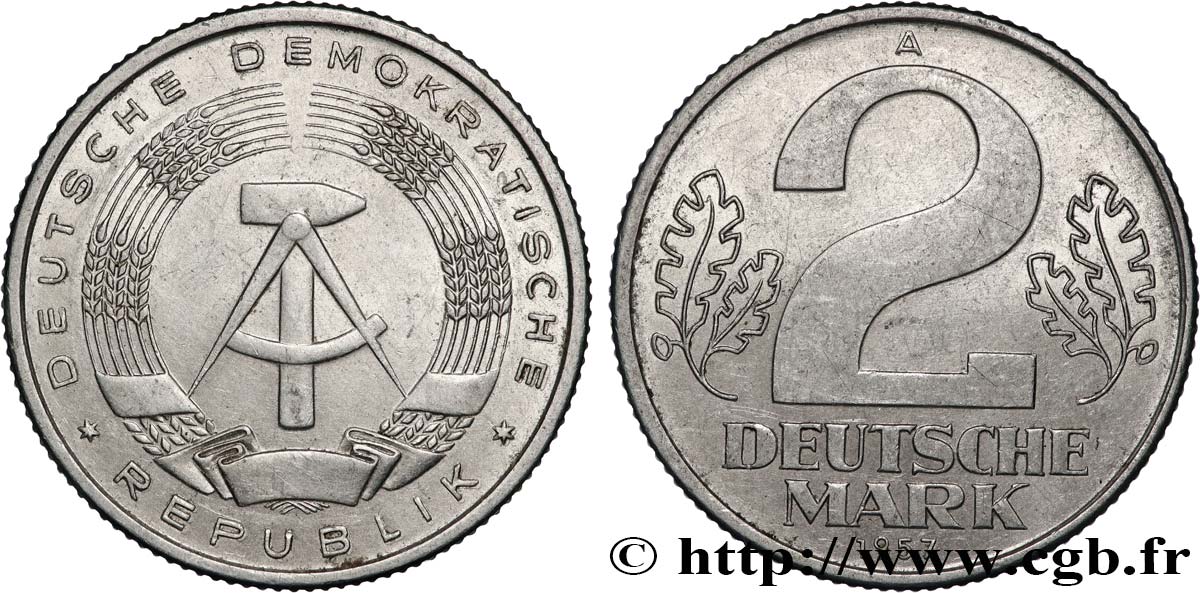 ALLEMAGNE RÉPUBLIQUE DÉMOCRATIQUE 2 Mark emblème de la RDA 1957 Berlin TTB+ 