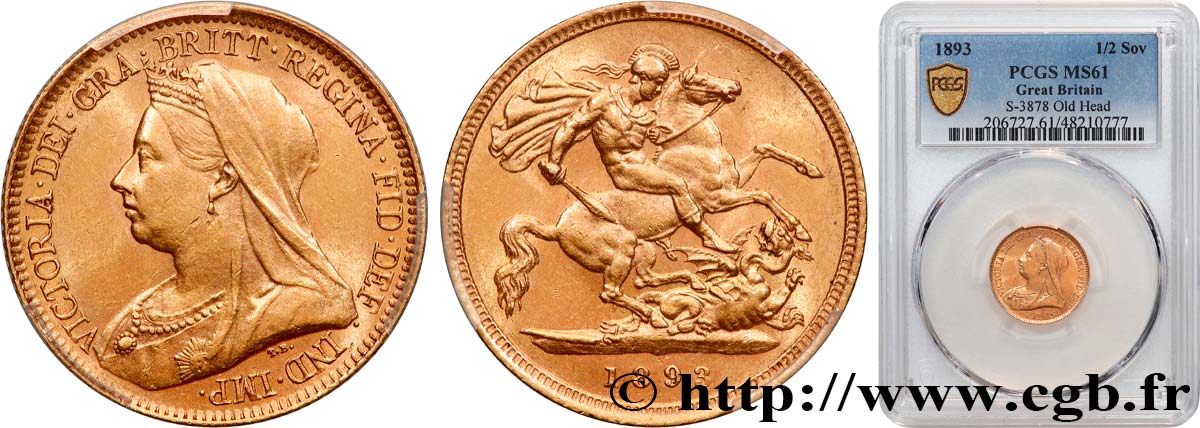 GREAT-BRITAIN - VICTORIA 1/2 Souverain “Old Head” 1893 Londres MS61 PCGS